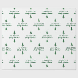 Family Christmas Green Watercolor Pine Tree Wrapping Paper
