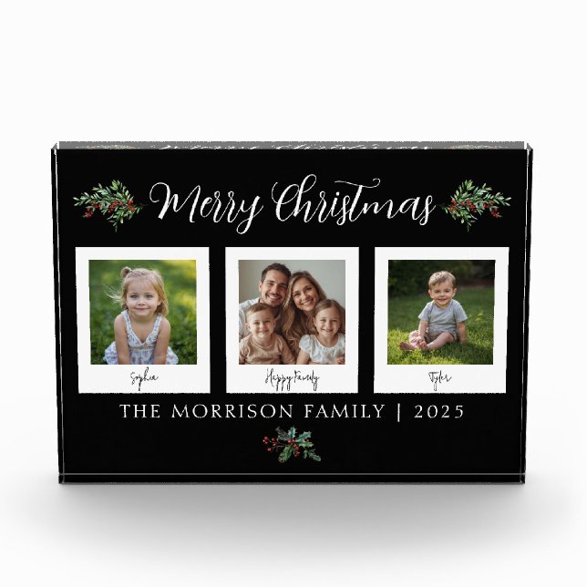 Family Christmas Greenery Black Photo Block (Front)