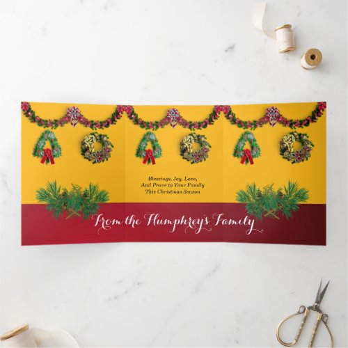 Family Christmas Greetings Gold Red Personalize  Tri_Fold Holiday Card