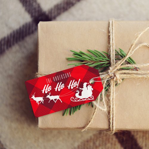 Family Christmas Ho Ho Ho Santa Red Buffalo Plaid Gift Tags