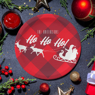 Family Christmas Ho Ho Ho! Santa Red Buffalo Plaid Paper Plates