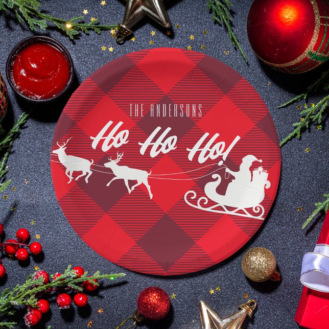 Family Christmas Ho Ho Ho! Santa Red Buffalo Plaid Paper Plates (Creator Uploaded)