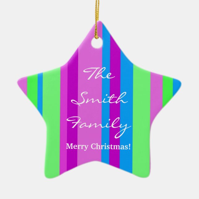 Family Christmas in green and purple Ceramic Ornament (Front)