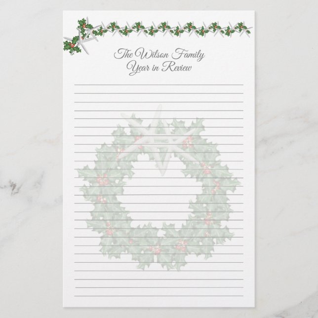 Family Christmas Letter Starfish Holly Lined Paper (Front)