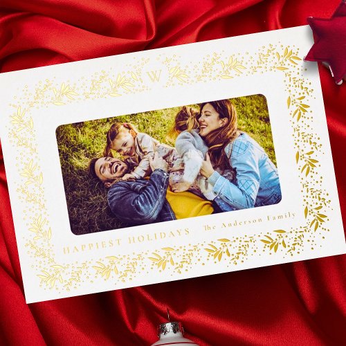 family CHRISTMAS monogram gold Botanicals Frame Foil Holiday Card