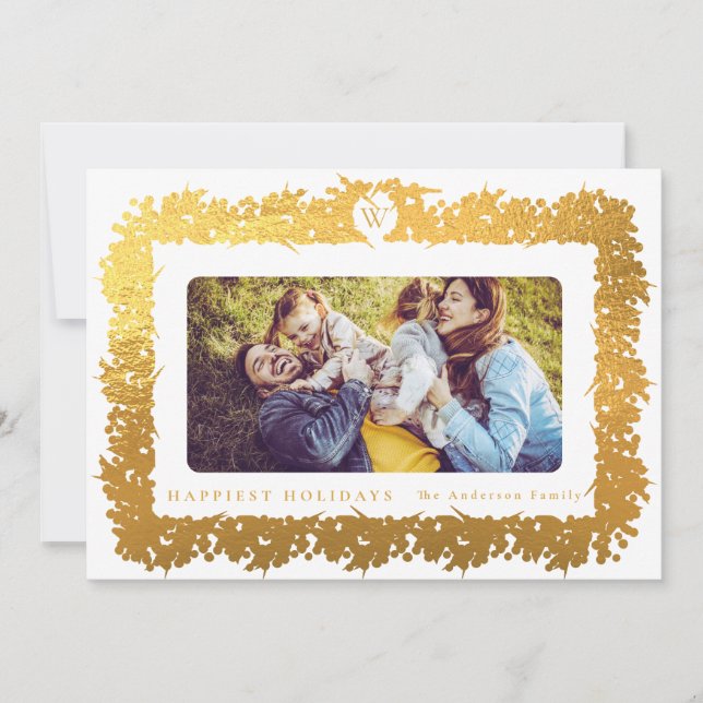 family CHRISTMAS monogram gold Botanicals Frame Holiday Card (Front)