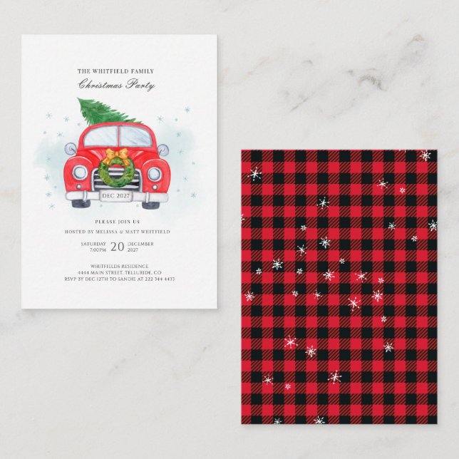 Family Christmas Party Classic Red Car with Tree Note Card (Front/Back)