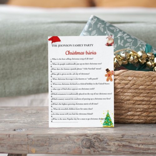 Family christmas party game card