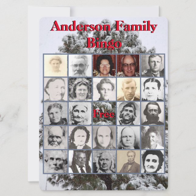 Family Christmas Party Photo Bingo Snowy Tree (Front)