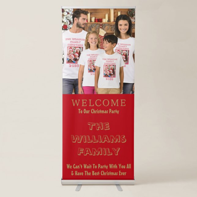 Family Christmas Party Photo Red And Gold Welcome Retractable Banner (Front)