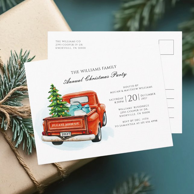 Family Christmas Party Red Truck Invitation Postcard (Christmas Party Invitation Rustic Red Truck Postcard)