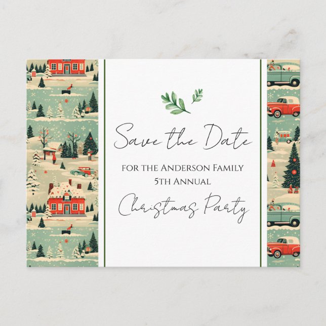 Family Christmas Party Retro Save the Date  Postcard (Front)