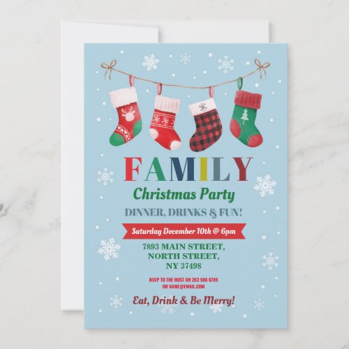 Family Christmas Party Xmas Stockings Snow Invitation