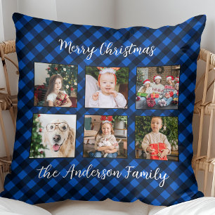 Family Christmas Personalized Photo Collage Plaid Throw Pillow