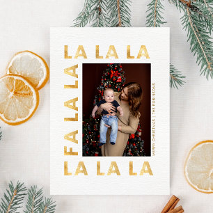Family Christmas Photo Fa la la Gold White Script Holiday Card