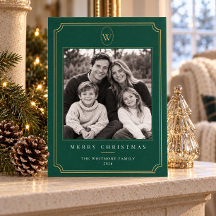 Family Christmas Photo Green & Gold Monogram Holiday Card