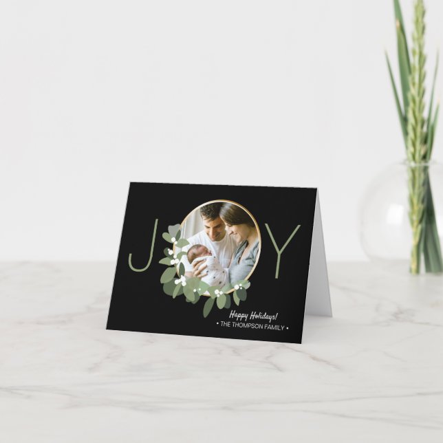 Family Christmas Photo Minimalist Wreath Joy Card (Front)