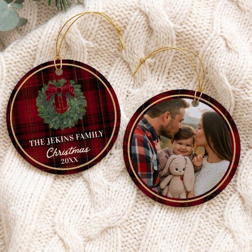 Family Christmas Photo Red Plaid Ornament