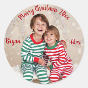 Family Christmas Photo Stickers, Glossy Classic Round Sticker