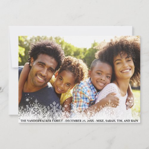 Family Christmas Photo White Snowflakes Overlay Holiday Card