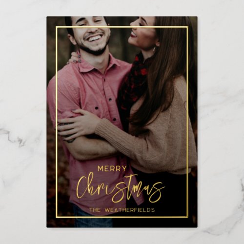 Family Christmas Photos Script Gold Foil Holiday Card