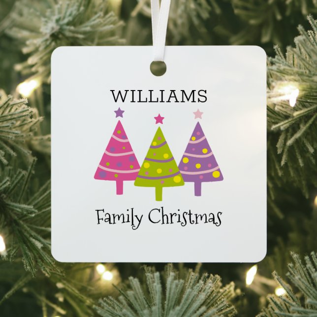 Family Christmas Pink Trees Personalized Metal Ornament (Insitu)