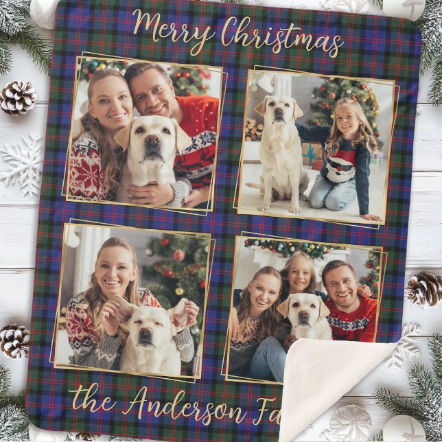 Family Christmas Plaid Custom 4 Gold Photo Collage Sherpa Blanket (Creator Uploaded)