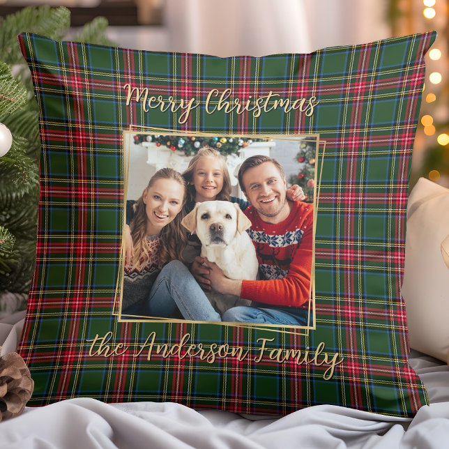 Family Christmas Plaid Custom Gold Modern Photo Throw Pillow (Creator Uploaded)