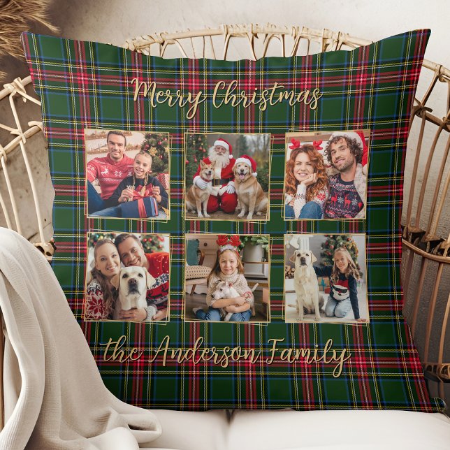 Family Christmas Plaid Gold Custom 6 Photo Collage Throw Pillow (Creator Uploaded)