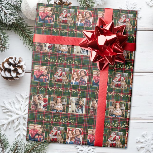 Family Christmas Plaid Gold Custom 6 Photo Collage Wrapping Paper (Creator Uploaded)