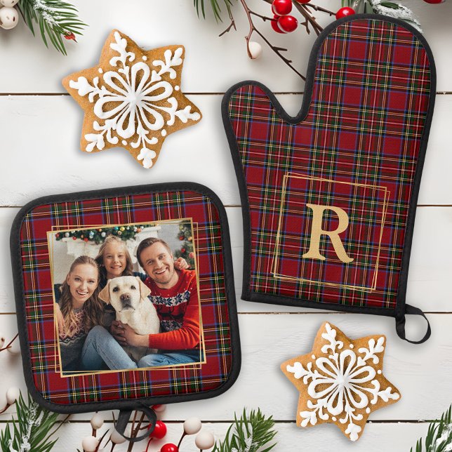 Family Christmas Plaid Gold Personalized Photo Oven Mitt & Pot Holder Set (Creator Uploaded)