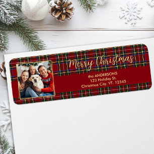 Family Christmas Plaid Gold Photo Return Address Label