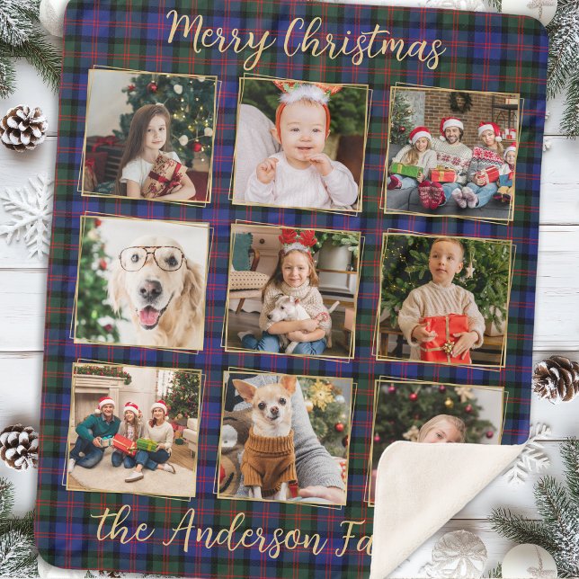 Family Christmas Plaid Personalized Photo Collage Sherpa Blanket (Creator Uploaded)