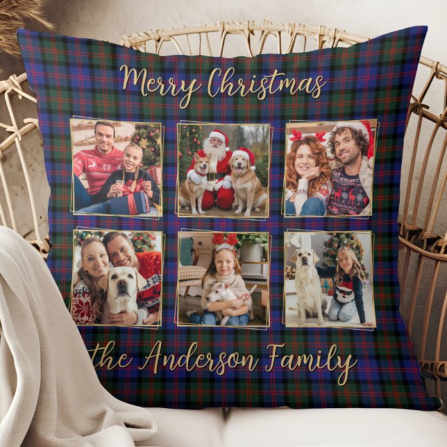 Family Christmas Plaid Personalized Photo Collage Throw Pillow (Creator Uploaded)