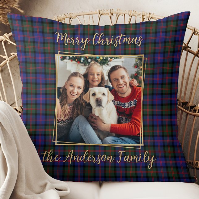 Family Christmas Plaid Personalized Simple 2 Photo Throw Pillow (Creator Uploaded)