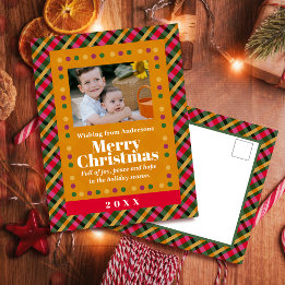 Family Christmas Plaid Photo Gold Holiday Postcard