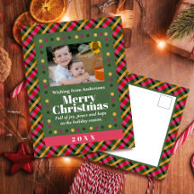Family Christmas Plaid Photo Holiday Postcard