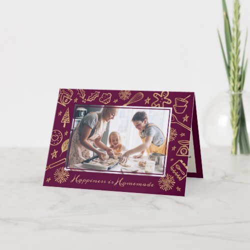 Family Christmas Recipe Gold  Burgundy Photo Holiday Card