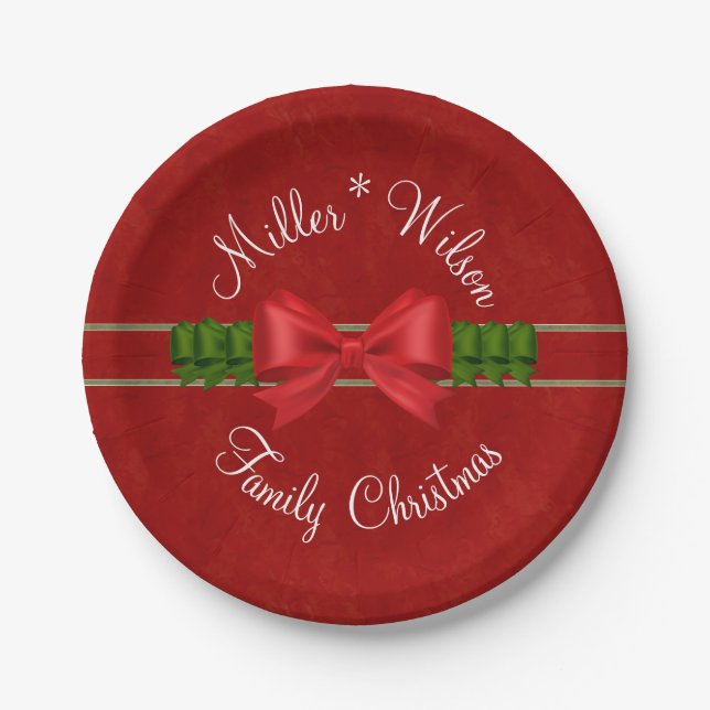 Family Christmas Red and Green Bows Paper Plates (Front)