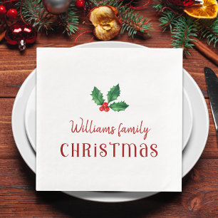 Family Christmas red holly Paper Dinner Napkins