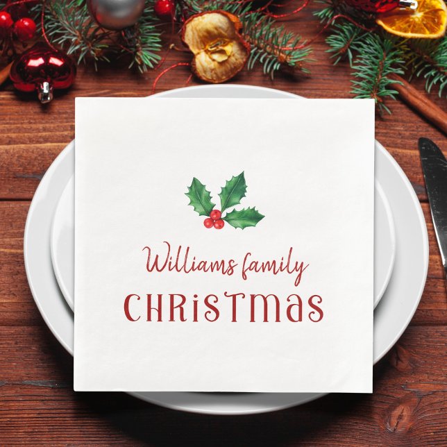 Family Christmas red holly Paper Dinner Napkins (Creator Uploaded)