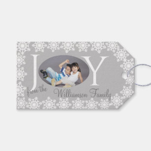 Family Christmas Silver Grey Photo Snowflake H Gift Tags