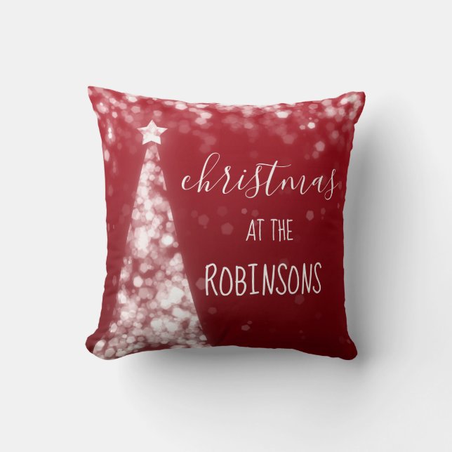 Family Christmas Sparkling Trees Silver & Red Throw Pillow (Front)