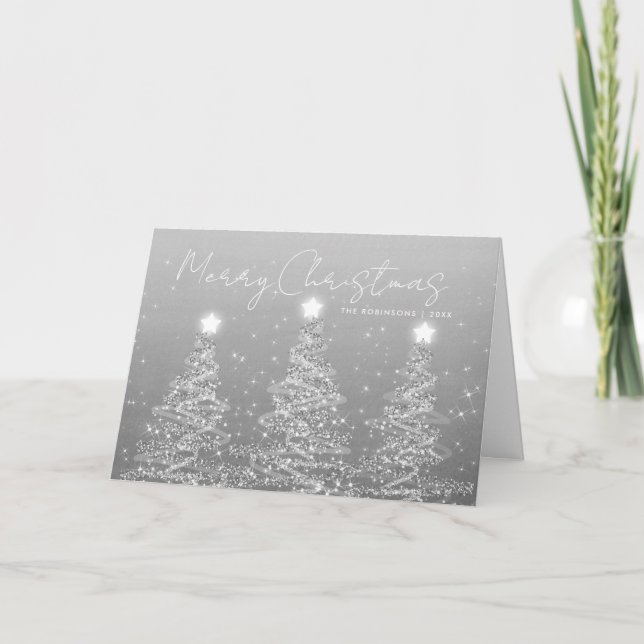 Family Christmas Sparkly Xmas Trees Silver  Holiday Card (Front)