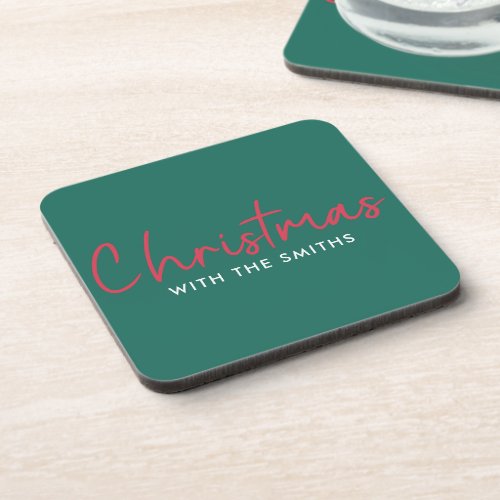 Family Christmas  Stylish Trendy Forest Green Beverage Coaster