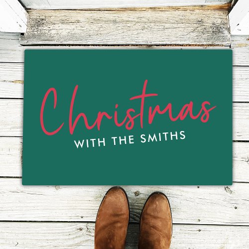 Family Christmas  Stylish Trendy Forest Green Doormat