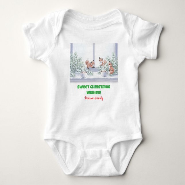 Family Christmas T-Shirt – Cozy Winter Fox Scene Baby Bodysuit (Front)