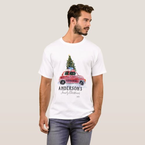 Family Christmas T Shirt _ Vintage Red Car