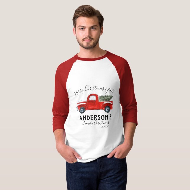 Family Christmas T Shirt - Vintage Red Truck (Front Full)