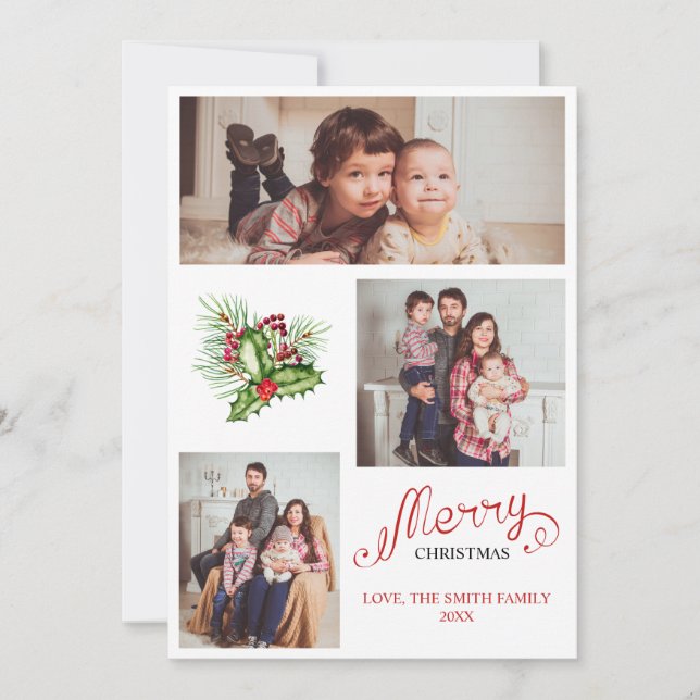 Family Christmas Three Photo Collage Holiday Card (Front)